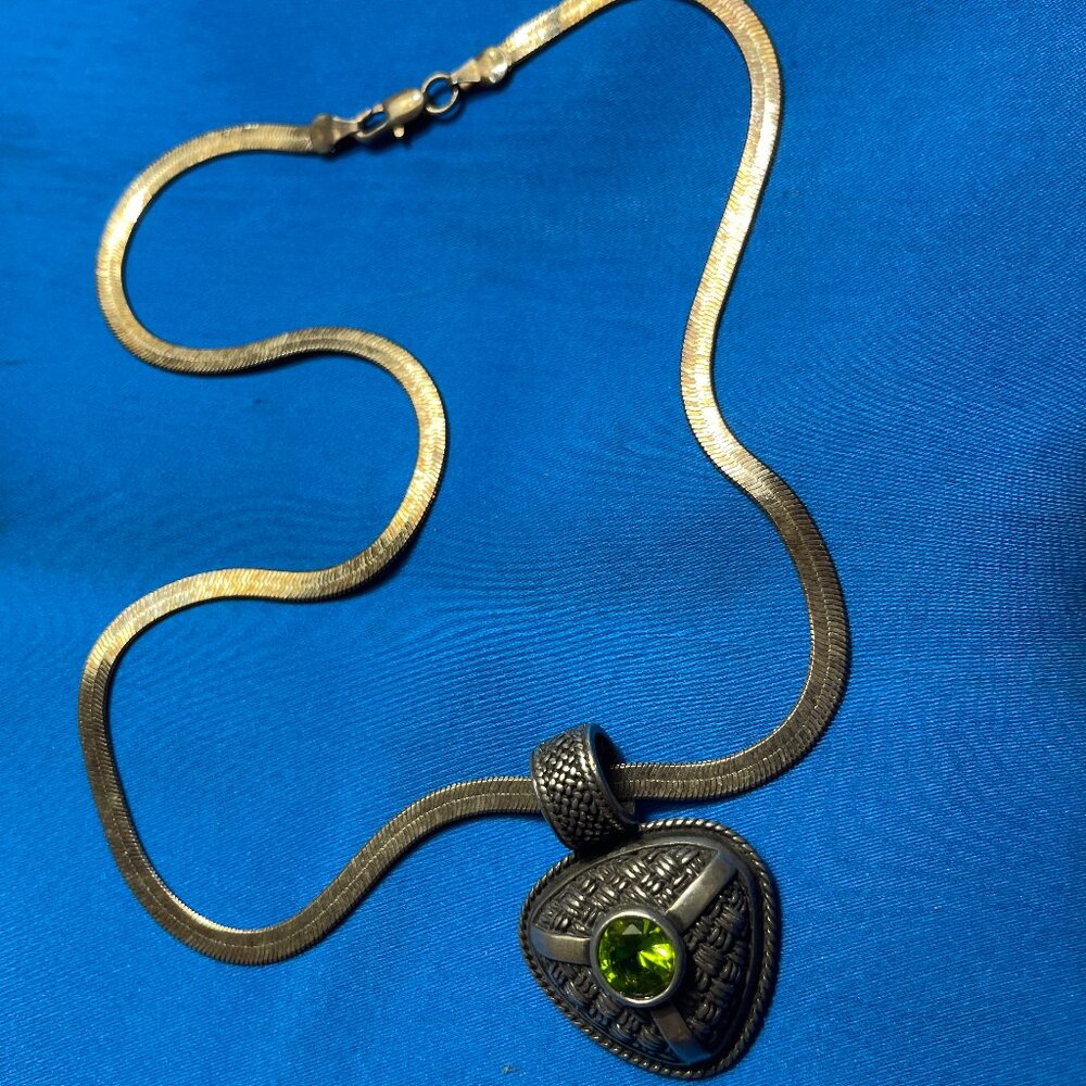Sterling Silver Herringbone Chain with Peridot Pendant